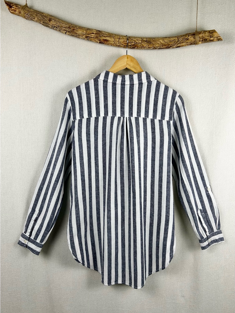 Sanctuary Linen Blend Striped Popover Top Blue White Coastal Medium - Picture 3 of 6